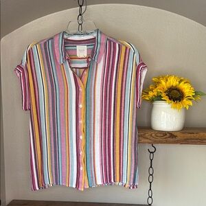 Harper Heritage Striped Button Down Cap Sleeve Shirt, M